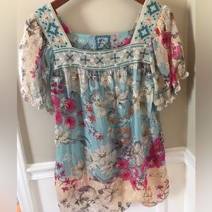 Johnny Was Square Neck  Embroidered Blouse Lace Pastels Small/Medium